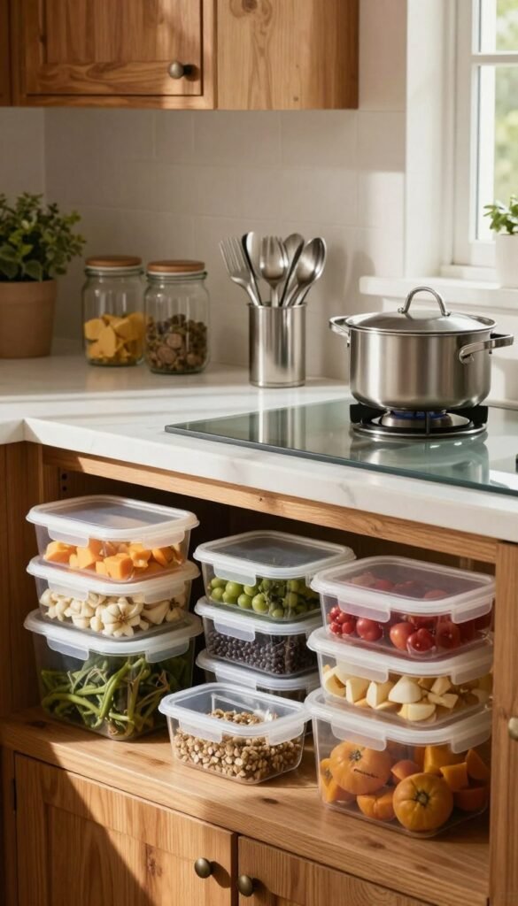 A warm and inviting kitchen scene featuring a variety of materials: sturdy plastic storage containers, elegant glass jars, sleek stainless steel utensils, and lightweight aluminum cookware. In the foreground, neatly arranged containers with colorful ingredients showcase organization. The middle ground highlights a stylish countertop with gleaming glass and metal items, enhanced by soft natural light filtering through a nearby window, casting gentle shadows. The background reveals rustic wooden cabinets and a hint of green plants for a touch of warmth. Capture the essence of practicality and style with a Pinterest aesthetic. The brand name "Ordnungskiste" is subtly integrated into the scene, reflecting a well-organized family kitchen environment that promotes functionality and aesthetic appeal. A warm and inviting kitchen scene featuring a variety of materials: sturdy plastic storage containers, elegant glass jars, sleek stainless steel utensils, and lightweight aluminum cookware. In the foreground, neatly arranged containers with colorful ingredients showcase organization. The middle ground highlights a stylish countertop with gleaming glass and metal items, enhanced by soft natural light filtering through a nearby window, casting gentle shadows. The background reveals rustic wooden cabinets and a hint of green plants for a touch of warmth. Capture the essence of practicality and style with a Pinterest aesthetic. The brand name "Ordnungskiste" is subtly integrated into the scene, reflecting a well-organized family kitchen environment that promotes functionality and aesthetic appeal.