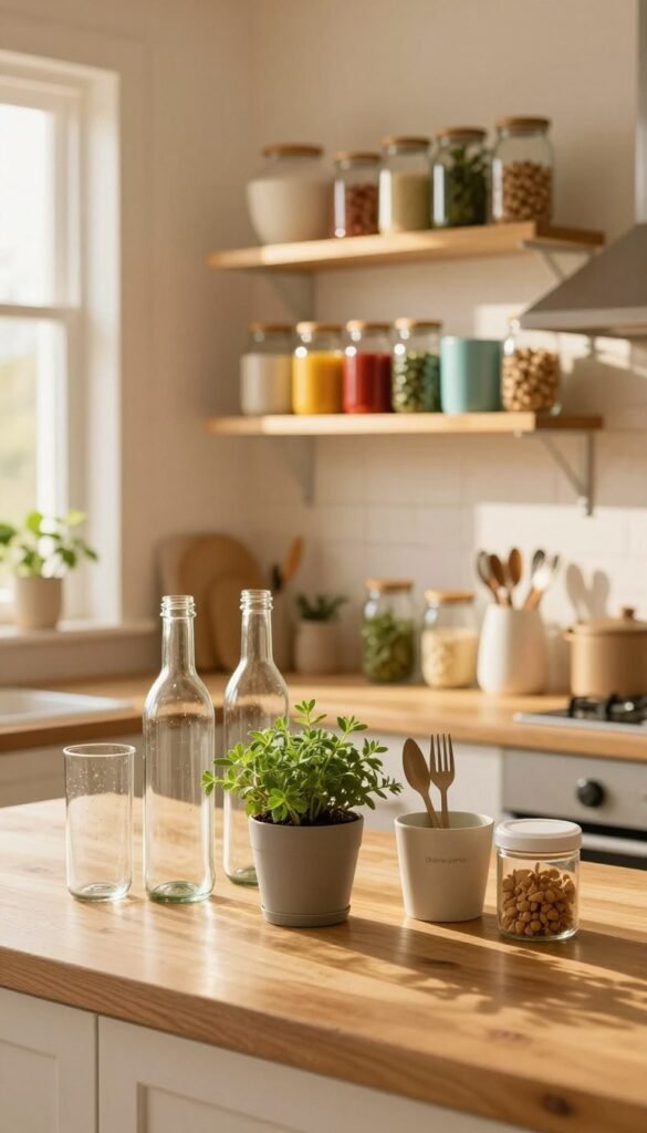 A warm and inviting kitchen scene featuring various practical tips for using up plastic items creatively. In the foreground, a wooden countertop displays half-empty bottles, containers, and jars being transformed into storage solutions, such as herb planters and utensil holders. The middle ground shows neatly organized shelves with colorful, repurposed plastic items arranged alongside eco-friendly alternatives, like glass jars and woven baskets. The background features soft sunlight streaming through a window, illuminating the pleasant ambiance with golden hues and casting gentle shadows. The overall mood is cozy and resourceful, embodying a Pinterest-inspired aesthetic. Incorporate the brand name "Ordnungskiste" subtly on one of the repurposed containers, making it harmonize with the scene.