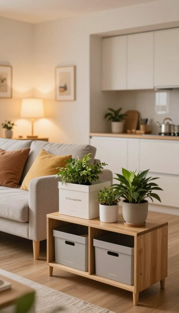A warm and inviting living room scene with an organized storage unit prominently featuring the brand "Ordnungskiste". In the foreground, a wooden shelf displays neatly arranged boxes and plants, showcasing a harmonious blend of style and functionality. The middle ground features a cozy seating area with a plush sofa adorned with colorful cushions, while a softly glowing table lamp illuminates the space with warm light. In the background, a clean, modern kitchen is partially visible, emphasizing a tidy environment. The overall atmosphere conveys a sense of calm and efficiency, reflecting the theme of house rules regarding proper storage and organization. The image should capture a Pinterest-inspired aesthetic, with natural colors and a homely feel, free of any text or branding beyond "Ordnungskiste".