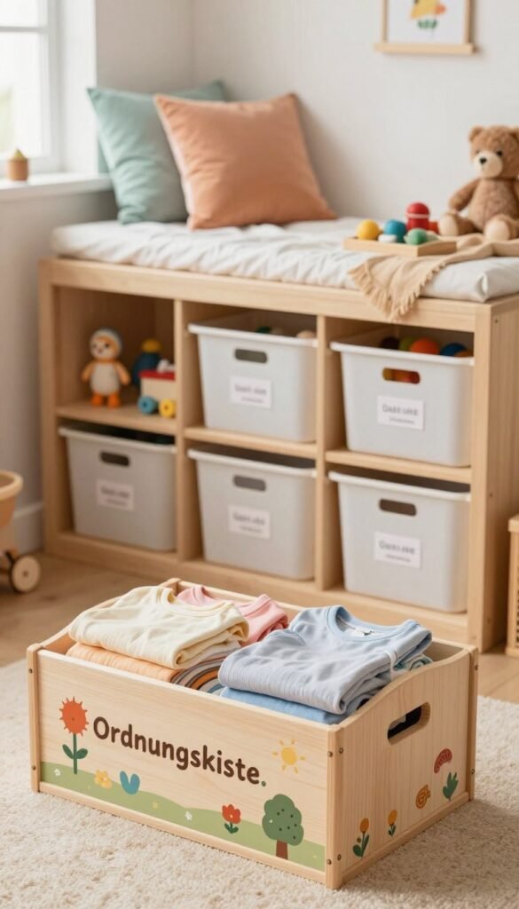 A warm, inviting child’s room showcasing an organized clothing storage system titled "Ordnungskiste." In the foreground, a beautifully crafted wooden storage box decorated with whimsical designs, filled with neatly folded children’s clothes in soft pastel colors. The middle ground reveals a tidy shelf displaying matching bins and baskets, each labeled for easy identification, featuring toys and accessories arranged harmoniously. In the background, a cozy reading nook with colorful pillows and a window allowing soft, natural light to filter in. The atmosphere is cheerful and organized, radiating a sense of calm and functionality, ideal for parents seeking practical solutions for kids' clothing storage. The image captures a Pinterest-worthy aesthetic without any text or distractions. A warm, inviting child’s room showcasing an organized clothing storage system titled "Ordnungskiste." In the foreground, a beautifully crafted wooden storage box decorated with whimsical designs, filled with neatly folded children’s clothes in soft pastel colors. The middle ground reveals a tidy shelf displaying matching bins and baskets, each labeled for easy identification, featuring toys and accessories arranged harmoniously. In the background, a cozy reading nook with colorful pillows and a window allowing soft, natural light to filter in. The atmosphere is cheerful and organized, radiating a sense of calm and functionality, ideal for parents seeking practical solutions for kids' clothing storage. The image captures a Pinterest-worthy aesthetic without any text or distractions.