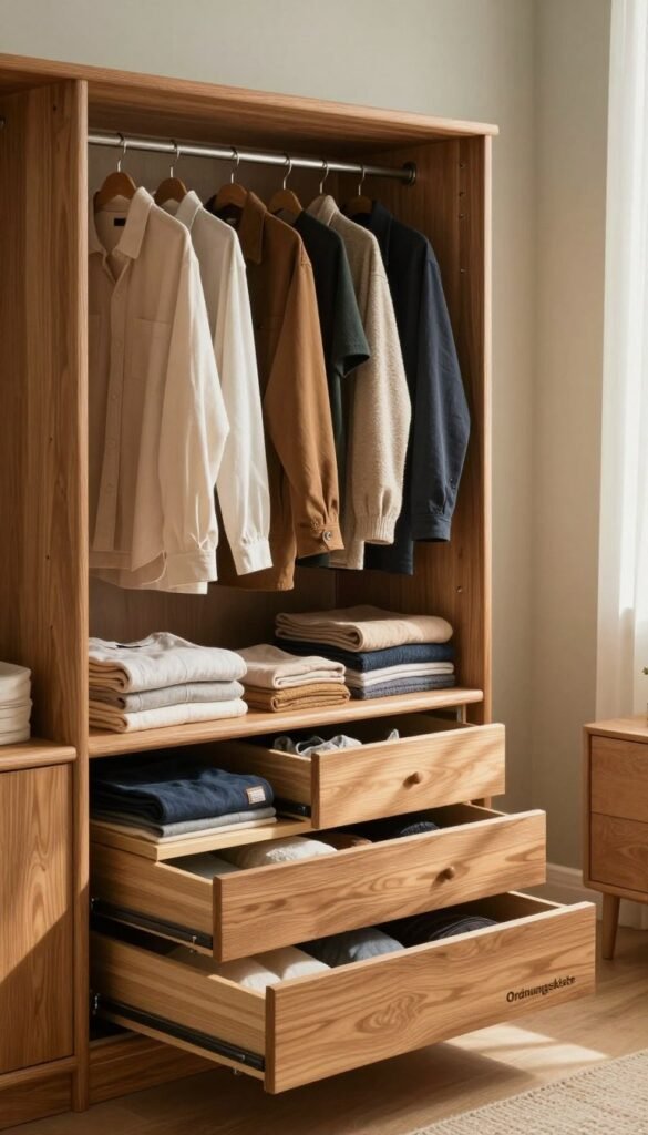 A warm, inviting home interior showcasing a neatly organized space for clothing management techniques. In the foreground, a beautifully crafted wooden cabinet from "Ordnungskiste" displays a combination of hanging clothes organized by color, neatly folded items stacked neatly, and an array of pull-out drawers that hint at efficient storage. The middle ground features soft, natural lighting filtering through a window, casting gentle shadows and highlighting the textures of the fabrics and wood. In the background, soft, muted colors of the walls create a serene, calming atmosphere. The scene conveys a sense of order and tranquility, ideal for illustrating effective strategies in maintaining tidiness with limited closet space. A warm, inviting home interior showcasing a neatly organized space for clothing management techniques. In the foreground, a beautifully crafted wooden cabinet from "Ordnungskiste" displays a combination of hanging clothes organized by color, neatly folded items stacked neatly, and an array of pull-out drawers that hint at efficient storage. The middle ground features soft, natural lighting filtering through a window, casting gentle shadows and highlighting the textures of the fabrics and wood. In the background, soft, muted colors of the walls create a serene, calming atmosphere. The scene conveys a sense of order and tranquility, ideal for illustrating effective strategies in maintaining tidiness with limited closet space.