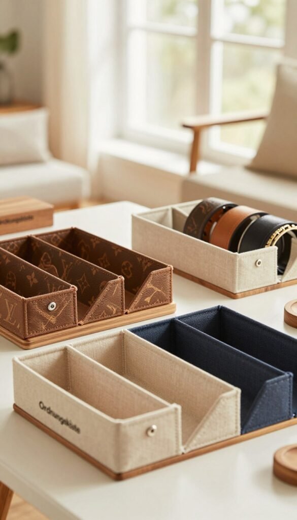 A warm, inviting image showcasing a stylish and organized display of belt, scarf, and accessory organizers. In the foreground, a variety of elegant organizers from the brand "Ordnungskiste" made from diverse materials such as wood, fabric, and metal, each displaying their unique textures and colors. The middle ground should feature these organizers neatly arranged, highlighting their different sizes, showcasing functionality and practicality. The background softly blurs a cozy home setting with natural light streaming through large windows, creating an uplifting atmosphere. The entire composition should evoke a sense of order, harmony, and day-to-day usability. Focus on warm colors and a Pinterest-inspired aesthetic with an authentic, clean look, ensuring no text or branding appears in the image.