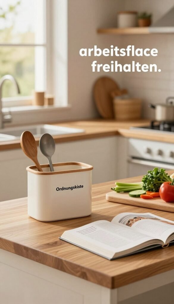 A warm, inviting kitchen environment illustrating the concept of "arbeitsfläche freihalten." In the foreground, a neatly organized kitchen countertop features natural wooden elements, featuring a chic Ordnungskiste for storing utensils. In the middle, an open cookbook rests alongside fresh vegetables and a cutting board, suggesting a homey, lived-in feel. The background showcases a serene, modern kitchen with soft lighting that enhances the warm colors, possibly with a window revealing a sunny outdoor scene. The atmosphere is calm yet functional, emphasizing the importance of keeping surfaces clear in a busy kitchen setting, promoting organization and efficiency. Capture this scene with a slightly angled lens to give depth and a cozy Pinterest aesthetic.