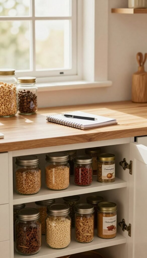 A warm, inviting kitchen scene featuring a beautifully organized pantry labeled "Ordnungskiste." In the foreground, neatly arranged jars of grains, spices, and canned goods showcase various food items, highlighting a sense of order and accessibility. In the middle ground, a wooden counter holds a stylish notebook and a pen, suggesting a plan for inventory management. The background features soft, natural light filtering through a window, casting a gentle glow over the room and enhancing the homey atmosphere. The colors are warm and earthy, evoking a Pinterest-worthy aesthetic. The mood is calm and efficient, fitting for an article about efficient stock methods. No text, logos, or watermarks present in the image. A warm, inviting kitchen scene featuring a beautifully organized pantry labeled "Ordnungskiste." In the foreground, neatly arranged jars of grains, spices, and canned goods showcase various food items, highlighting a sense of order and accessibility. In the middle ground, a wooden counter holds a stylish notebook and a pen, suggesting a plan for inventory management. The background features soft, natural light filtering through a window, casting a gentle glow over the room and enhancing the homey atmosphere. The colors are warm and earthy, evoking a Pinterest-worthy aesthetic. The mood is calm and efficient, fitting for an article about efficient stock methods. No text, logos, or watermarks present in the image.