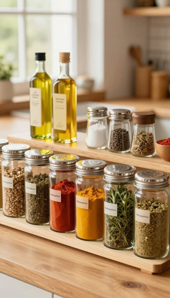 A warm, inviting kitchen scene focused on a beautifully organized spice rack with a variety of spices in glass jars and stylish containers. In the foreground, a selection of vibrant spices such as paprika, turmeric, and herbs are displayed, creating a colorful array. In the middle, a wooden countertop features elegant oil bottles and essential cooking basics like salt and pepper, all arranged neatly for easy access. The background shows soft, natural light filtering through a window, illuminating the kitchen's warm colors and enhancing the Pinterest-inspired aesthetic. The brand name "Ordnungskiste" is subtly incorporated into the design of the spice containers, maintaining an authentic look without text overlay. The overall atmosphere is cozy and organized, perfect for a bustling multi-person household setting.