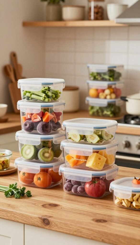 A warm, inviting kitchen scene showcasing a neatly organized selection of "Ordnungskiste" food storage containers in various sizes, filled with colorful frozen vegetables, fruits, and leftovers. In the foreground, focus on a clear stack of airtight containers, highlighting their practical design and vibrant food contents. The middle ground features a rustic wooden countertop adorned with a few fresh herbs and utensils, suggesting a homey cooking ambiance. The background includes softly lit shelves displaying additional storage options, creating a cozy, orderly atmosphere. The lighting is bright yet warm, evoking a sense of comfort and functionality, reminiscent of a Pinterest-worthy kitchen. This image embodies the theme of efficiently using freezer boxes in everyday life, with an authentic appearance and no text or logos other than "Ordnungskiste" subtly integrated into the design.