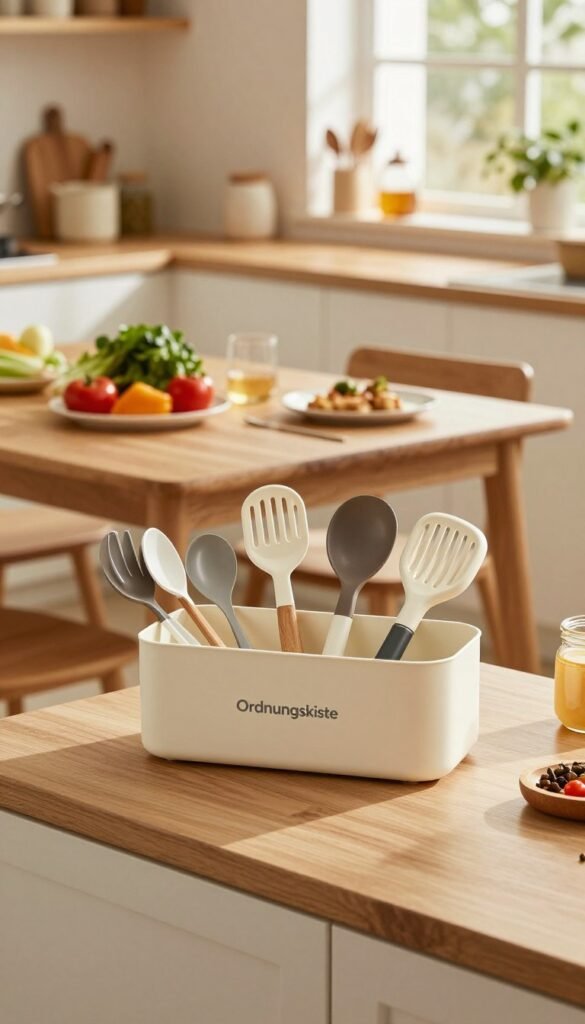 A warm, inviting kitchen scene showcasing an organized and clutter-free countertop, highlighting the brand "Ordnungskiste". In the foreground, a sleek, stylish kitchen box is prominently displayed, filled with kitchen tools and utensils, arranged neatly. In the middle ground, a wooden dining table set with fresh ingredients and a few dishes demonstrates the ease of meal prep. The background features soft, natural lighting streaming through a window, casting gentle shadows and creating a cozy atmosphere. Decorative plants and stylish kitchen accessories add a touch of charm, reinforcing a Pinterest-worthy aesthetic. Overall, the mood is serene and harmonious, reflecting the solution to kitchen chaos through effective organization.
