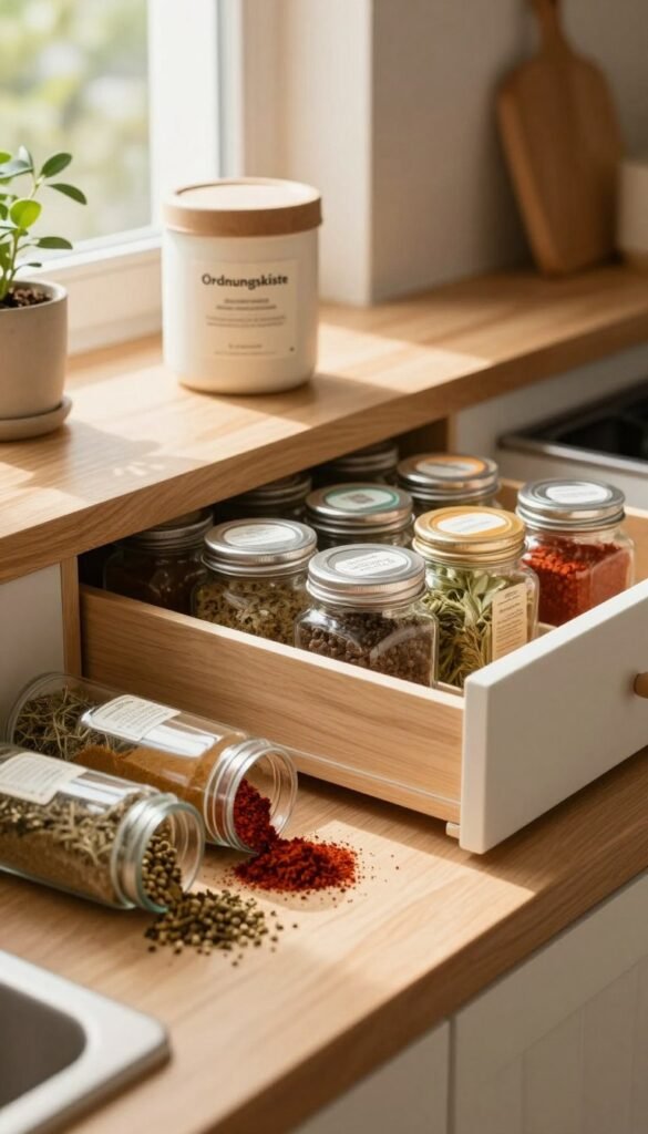 A warm, inviting kitchen scene showcasing common mistakes in spice storage. In the foreground, a cluttered spice rack with mismatched, open containers and spices spilled onto the counter, illustrating disorganization. In the middle, a well-organized spice drawer with neatly labeled jars of various colors and herbs, demonstrating ideal storage practices. In the background, soft natural light filters through a window, casting a gentle glow on the countertop, creating a cozy atmosphere. The kitchen is styled with earthy tones, wooden accents, and plants for a Pinterest-inspired look. Incorporate branding subtly with a branded container from "Ordnungskiste" placed prominently on the countertop, maintaining a focus on authentic and relatable organization ideas without any text or distractions.