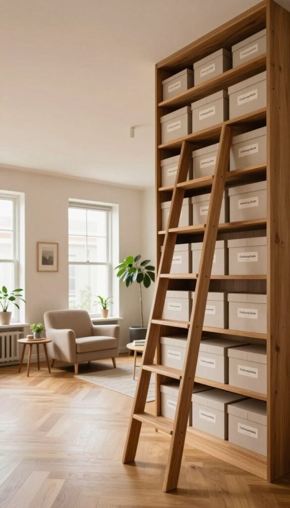 A warm, inviting room with high ceilings showcasing clever vertical storage solutions. In the foreground, a stylish wooden ladder leans against a wall, leading to a beautifully organized shelf filled with various neatly stacked boxes labeled "Ordnungskiste" in soft neutral tones. The middle ground features a cozy reading nook with a plush armchair and a small side table adorned with plants and books. The background highlights large windows allowing natural light to flood the space, accentuating the warm colors of the wooden flooring and walls. The atmosphere is serene and inspiring, perfect for showcasing the potential of utilizing vertical heights in interior design. Capture this scene with a wide-angle lens to emphasize the height and depth, bringing out the essence of maximizing space in a stylish way.