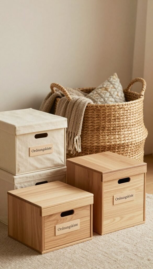 A warm, inviting scene featuring stylish storage solutions, focusing on a set of appealing boxes and a decorative basket. In the foreground, showcase beautifully crafted, organized storage boxes labeled "Ordnungskiste," made of natural materials like wood and canvas, arranged neatly on a soft, textured surface. The middle area presents a chic woven basket, filled with cozy throw blankets, elegantly placed beside the boxes. In the background, a softly blurred, minimalistic room exudes a calm atmosphere, illuminated by warm, gentle lighting that highlights the textures of the materials. The overall composition conveys a Pinterest-inspired aesthetic, emphasizing organization and tranquility in everyday life.