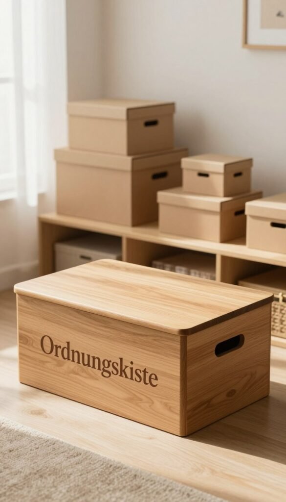 A warm-toned, inviting living space featuring the "Ordnungskiste" storage box prominently in the foreground, showcasing its lid closed, emphasizing its practicality for efficient organization. The box is made of natural wood, with a smooth finish, and stylish design elements that blend seamlessly with cozy d&eacute;cor. In the middle ground, a neatly arranged shelf displays several stacking boxes in various sizes, illustrating how they effectively utilize vertical space. The background consists of a softly lit room with neutral colors, mimicking a Pinterest-worthy aesthetic, evoking a sense of calm and order. Natural light filters through large windows, casting gentle shadows, creating a serene atmosphere that highlights the beauty of organized living without any distractions or text.
