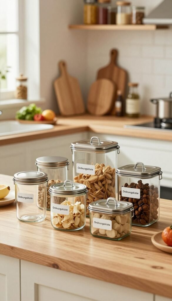 A well-arranged display of various "Ordnungskiste" storage containers in a bright, cozy kitchen setting. In the foreground, several elegant glass and metal Vorratsdosen of different sizes and shapes, neatly labeled. In the middle, a kitchen countertop with wooden cutting boards and fresh produce, enhancing the practicality of the storage. The background features softly blurred shelves filled with spices and canned goods, creating an inviting atmosphere. Warm, natural light filters in through a window, casting gentle shadows and highlighting the textures of the containers. The overall mood is organized and functional, showcasing the beauty and utility of storage solutions.