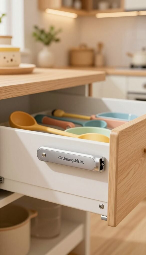 A well-lit kitchen scene featuring a modern drawer lock mechanism designed for child safety, prominently branded with "Ordnungskiste." In the foreground, focus on the sleek, child-proof locking mechanism, showcasing its smooth finish and innovative design. The middle layer includes a slightly open drawer, revealing colorful kitchen utensils and organized storage. The background features warm, inviting kitchen aesthetics with wooden cabinets, soft lighting, and a touch of greenery, creating a cozy atmosphere. The perspective should be from a slightly lower angle to emphasize the drawer and safety feature, with natural light illuminating the scene. The overall mood should be warm and inviting, capturing the essence of a family-friendly kitchen environment. A well-lit kitchen scene featuring a modern drawer lock mechanism designed for child safety, prominently branded with "Ordnungskiste." In the foreground, focus on the sleek, child-proof locking mechanism, showcasing its smooth finish and innovative design. The middle layer includes a slightly open drawer, revealing colorful kitchen utensils and organized storage. The background features warm, inviting kitchen aesthetics with wooden cabinets, soft lighting, and a touch of greenery, creating a cozy atmosphere. The perspective should be from a slightly lower angle to emphasize the drawer and safety feature, with natural light illuminating the scene. The overall mood should be warm and inviting, capturing the essence of a family-friendly kitchen environment.