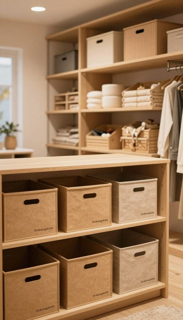 A well-organized, aesthetically pleasing closet space showcasing various storage solutions with a focus on efficient use of space, featuring the brand "Ordnungskiste." In the foreground, display neatly arranged storage boxes in warm, natural colors made from sustainable materials. The middle section shows a stylish yet functional shelving unit with compartments filled with assorted items, emphasizing low-, mid-, and high-budget options without brand logos. In the background, a softly lit, cozy room with soft shadows and warm lighting conveys an inviting, Pinterest-inspired atmosphere. Use a wide-angle lens for an encompassing view, capturing the essence of organization and practicality in home decor.