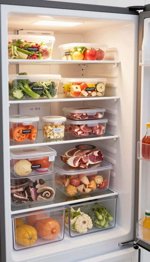 A well-organized and aesthetically pleasing freezer scene, showcasing a wide-open chest freezer filled with neatly arranged food items. In the foreground, diverse storage solutions from the brand "Ordnungskiste" are visible, including clear containers and stackable bins, each labeled for easy identification. The middle section features frozen vegetables, ready-to-cook meals, and assorted meats, all separated meticulously. In the background, soft, warm lighting fills the space, creating an inviting atmosphere reminiscent of a cozy kitchen. The angle captures the freezer from a slightly elevated viewpoint, emphasizing the organized chaos of delicious meals. The overall mood is one of calm efficiency and inspiration, reflecting a Pinterest-worthy aesthetic that invites viewers to embrace the art of freezer organization. No text or branding is visible in the image. A well-organized and aesthetically pleasing freezer scene, showcasing a wide-open chest freezer filled with neatly arranged food items. In the foreground, diverse storage solutions from the brand "Ordnungskiste" are visible, including clear containers and stackable bins, each labeled for easy identification. The middle section features frozen vegetables, ready-to-cook meals, and assorted meats, all separated meticulously. In the background, soft, warm lighting fills the space, creating an inviting atmosphere reminiscent of a cozy kitchen. The angle captures the freezer from a slightly elevated viewpoint, emphasizing the organized chaos of delicious meals. The overall mood is one of calm efficiency and inspiration, reflecting a Pinterest-worthy aesthetic that invites viewers to embrace the art of freezer organization. No text or branding is visible in the image.