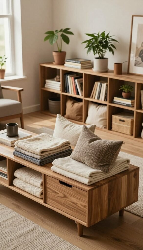 A well-organized and stylish living space showcasing a "stauraum" concept. In the foreground, a sleek, modern Ordnungskiste made of natural wood holds neatly folded throws and decorative pillows. The middle features a compact shelving unit filled with books and plants, creating a cozy atmosphere. In the background, soft lighting from a nearby window casts a warm glow, enhancing the inviting feel of the room. The decor includes minimalist furniture and earthy tones, resulting in a harmonious blend of function and aesthetics. Capture a high-angle perspective for an expansive view that evokes a sense of ease and comfort, embodying a Pinterest-worthy interior. No text or watermarks in the image. A well-organized and stylish living space showcasing a "stauraum" concept. In the foreground, a sleek, modern Ordnungskiste made of natural wood holds neatly folded throws and decorative pillows. The middle features a compact shelving unit filled with books and plants, creating a cozy atmosphere. In the background, soft lighting from a nearby window casts a warm glow, enhancing the inviting feel of the room. The decor includes minimalist furniture and earthy tones, resulting in a harmonious blend of function and aesthetics. Capture a high-angle perspective for an expansive view that evokes a sense of ease and comfort, embodying a Pinterest-worthy interior. No text or watermarks in the image.