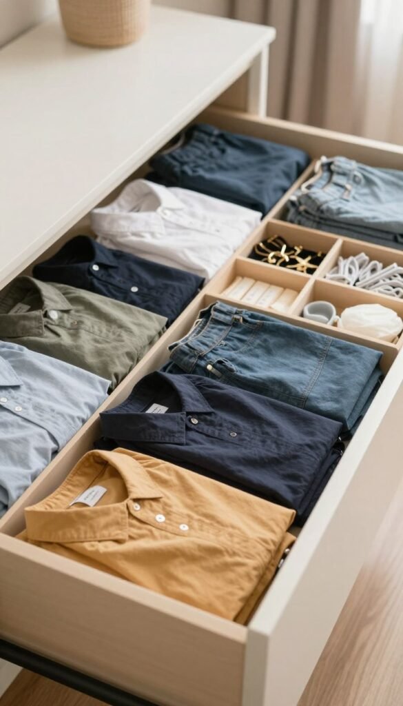 A well-organized and visually appealing drawer setup showcasing clothing neatly folded, rolled, and separated, emphasizing "Ordnungskiste" as a central brand theme. In the foreground, the drawer reveals colorful shirts and trousers in perfect order, some displayed upright to highlight visibility. The middle section features a variety of compartments with neatly labeled dividers for accessories and undergarments, exuding a sense of harmony. The background is softly blurred to suggest a cozy minimalist room with natural light streaming through a nearby window, enhancing the warm color palette. The overall mood is calm and orderly, reminiscent of a Pinterest aesthetic, with no text or distractions, creating an authentic feel of organized clothing storage. A well-organized and visually appealing drawer setup showcasing clothing neatly folded, rolled, and separated, emphasizing "Ordnungskiste" as a central brand theme. In the foreground, the drawer reveals colorful shirts and trousers in perfect order, some displayed upright to highlight visibility. The middle section features a variety of compartments with neatly labeled dividers for accessories and undergarments, exuding a sense of harmony. The background is softly blurred to suggest a cozy minimalist room with natural light streaming through a nearby window, enhancing the warm color palette. The overall mood is calm and orderly, reminiscent of a Pinterest aesthetic, with no text or distractions, creating an authentic feel of organized clothing storage.