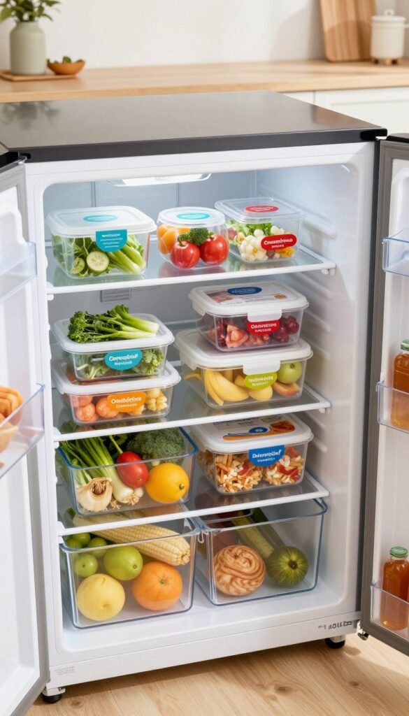 A well-organized and visually striking deep freezer, showcasing labeled containers and sorted frozen foods for optimal order. In the foreground, a slightly open freezer reveals colorful items like vegetables, fruits, and ready meals, neatly arranged in transparent bins with vibrant labels. The middle section features a balanced array of packages, all visible to highlight the accessibility of everything inside. The background presents a clean kitchen environment with warm, natural lighting, giving off an inviting atmosphere. The image is shot from a slightly elevated angle to capture the depth of the freezer, emphasizing the neatness of the contents. The brand "Ordnungskiste" is subtly integrated into the design of a storage container, blending seamlessly into the overall aesthetics.