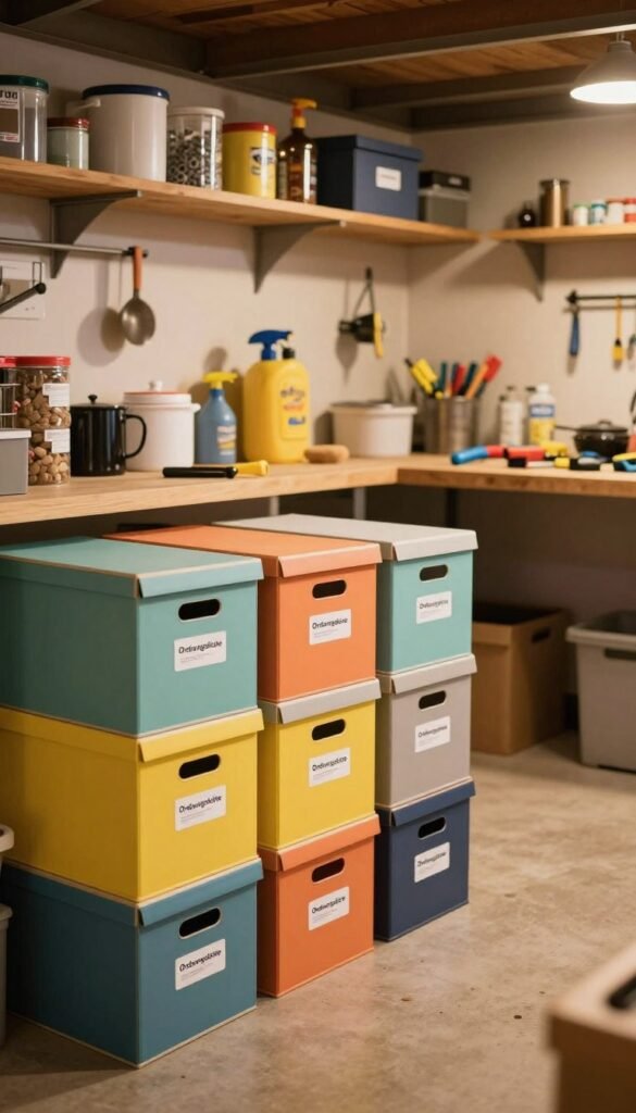 A well-organized basement storage area, showcasing a clean and functional system for optimal space utilization. In the foreground, neatly stacked storage boxes branded with "Ordnungskiste" in vibrant colors, each labeled for easy identification. The middle ground features shelves filled with various household items, all intentionally organized. Soft, warm lighting creates an inviting atmosphere, highlighting textures and colors while casting gentle shadows. In the background, a spacious workbench adorned with tools hints at a multifunctional design. The camera angle is slightly elevated to capture the entire scene in a cozy, Pinterest-inspired aesthetic. Aim for an authentic look with natural lighting that evokes a sense of order and harmony in a home.
