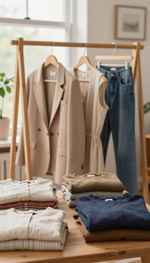 A well-organized capsule wardrobe displayed in a cozy, softly lit room. In the foreground, neatly folded garments made from high-quality materials, showcasing a range of textures like cotton, linen, and wool, in warm, inviting colors. The middle of the scene features a stylish wooden clothing rack holding essential pieces like a tailored blazer, a versatile dress, and a classic pair of jeans, all presented in a harmonious arrangement. In the background, a softly blurred window allows natural light to fill the space, enhancing the homey atmosphere, while a potted plant adds a touch of greenery. The overall mood is fresh and inviting, reflecting the concept of thoughtful buying decisions for a functional wardrobe. Include subtle branding for "Ordnungskiste" in the decor, emphasizing organization and aesthetic appeal.