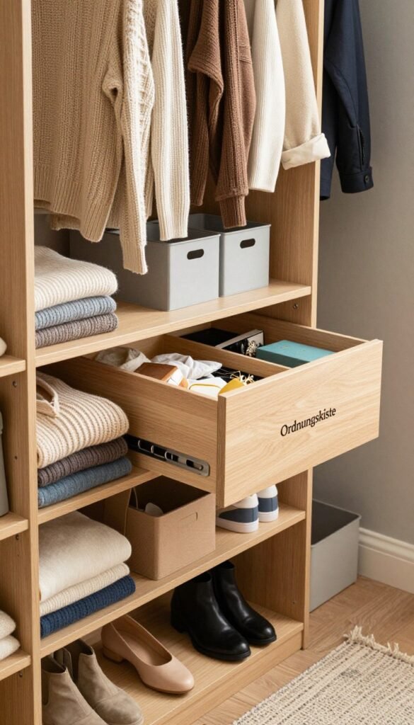 A well-organized closet interior, showcasing a neatly arranged selection of clothes, shoes, and accessories, reflecting a warm, inviting atmosphere with natural lighting. The foreground features a stylishly structured wardrobe with compartments filled with folded sweaters, hanging garments, and neatly stacked shoes. In the middle, an elegant wooden drawer from "Ordnungskiste" partially open, revealing tidily stored items, while organizational bins help maintain order. The background displays soft, muted colors on the walls and a cozy rug beneath, enhancing the overall Pinterest aesthetic. The angle captures a slightly elevated view, emphasizing depth and inviting a sense of tranquility and order in the space. Avoid distractions and ensure no text overlays or logos are present.