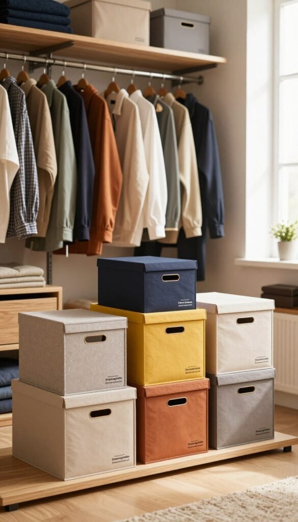 A well-organized closet scene featuring a "Schnell-Check Boxen Kleiderschrank" by Ordnungskiste. In the foreground, display various stylish storage boxes in warm, inviting colors, showcasing their versatility and functionality. The middle ground features a neatly arranged wardrobe with clothing organized by type and color, emphasizing a sense of order amidst chaos. In the background, soft natural light filters in through a window, illuminating the space and creating a cozy atmosphere. The overall mood is peaceful and inspiring, perfect for anyone looking to declutter. The camera angle captures the harmonious blend of the box design and the closet, highlighting the practical and aesthetic appeal of the Ordnungskiste. A well-organized closet scene featuring a "Schnell-Check Boxen Kleiderschrank" by Ordnungskiste. In the foreground, display various stylish storage boxes in warm, inviting colors, showcasing their versatility and functionality. The middle ground features a neatly arranged wardrobe with clothing organized by type and color, emphasizing a sense of order amidst chaos. In the background, soft natural light filters in through a window, illuminating the space and creating a cozy atmosphere. The overall mood is peaceful and inspiring, perfect for anyone looking to declutter. The camera angle captures the harmonious blend of the box design and the closet, highlighting the practical and aesthetic appeal of the Ordnungskiste.
