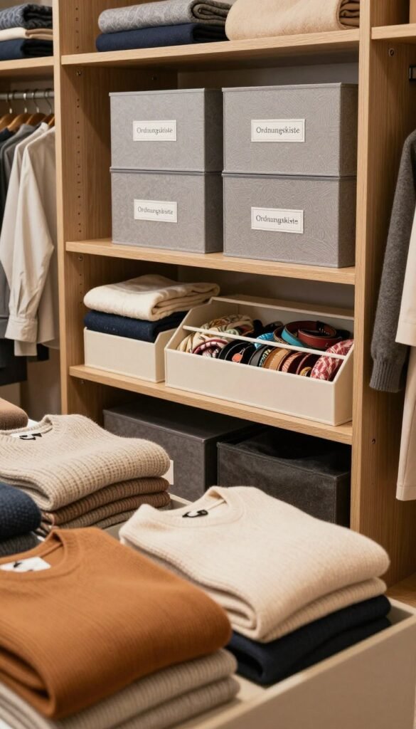A well-organized closet showcasing the essential elements of an effective wardrobe organization set, featuring stylish storage boxes labeled "Ordnungskiste". In the foreground, neatly folded clothes in warm, inviting colors and cozy textures. The middle ground highlights adjustable shelves and thoughtful compartments filled with accessories like scarves and belts, all in a harmonious layout. The background presents a beautifully designed closet with wooden accents, soft lighting enhancing the natural warmth of the space. The image is captured from a slightly elevated angle to emphasize depth and openness, allowing viewers to feel the inviting atmosphere of an ideal organized closet, devoid of any clutter or distractions.