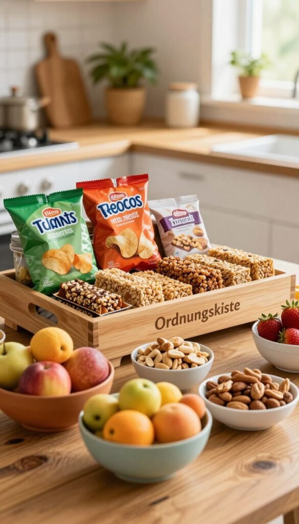 A well-organized display of various snacks, arranged by usage rather than packaging, on a rustic wooden table. In the foreground, there are vibrant bowls filled with colorful fresh fruits, nuts, and energy bars. The middle layer showcases packaged snacks like chips and granola bars neatly grouped in a stylish wooden tray labeled "Ordnungskiste". In the background, softly blurred, is a cozy kitchen with warm lighting, plants, and a hint of natural sunlight streaming through a window, creating a welcoming atmosphere. The overall mood is inviting and wholesome, reflecting an organized and practical approach to snack management with a Pinterest-inspired aesthetic.