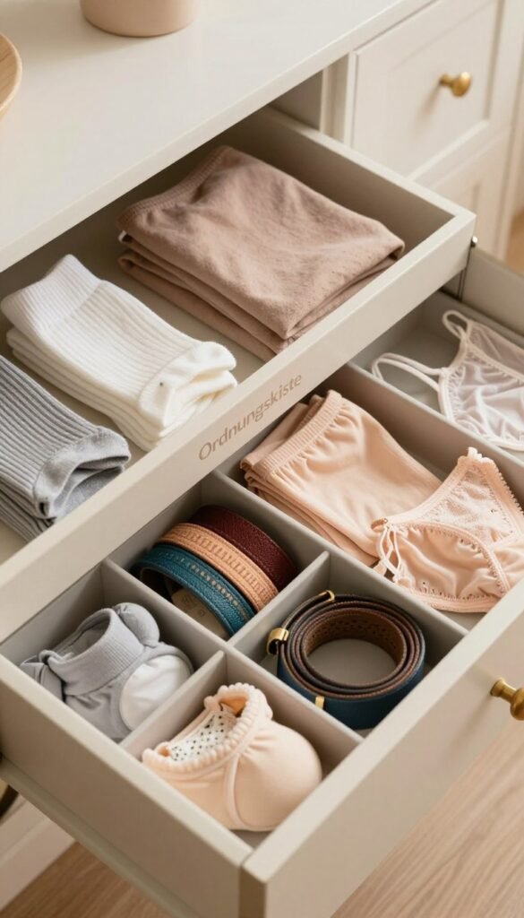 A well-organized drawer featuring elegant drawer dividers and inserts for undergarments, socks, and belts. The image showcases neatly folded items in warm, inviting colors, giving off a cozy, Pinterest-worthy aesthetic. In the foreground, prominently display various compartments with neatly arranged socks, colorful belts, and delicate lingerie, illustrating the concept of order and tidiness. In the middle, the brand name "Ordnungskiste" is subtly integrated into a stylish divider design. The background is softly blurred, highlighting a serene home environment with muted tones. Utilize natural lighting to create a warm atmosphere, capturing the essence of organization and balance in everyday life. Focus on a top-down angle to emphasize the systematic arrangement of items.