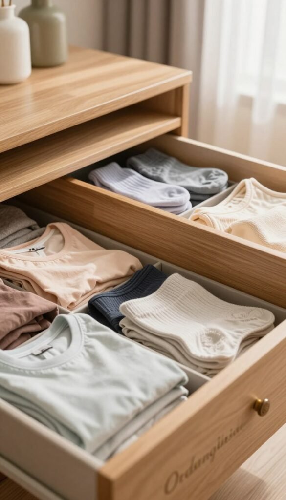A well-organized drawer space showcasing an "Ordnungskiste" drawer insert, featuring a harmonious arrangement of underwear, socks, and T-shirts. In the foreground, the organizer box displays various compartments filled with neatly folded clothing items in soft, inviting colors. The middle layer reveals a stylish drawer with a smooth wooden finish, enhancing the warm and cozy atmosphere of the scene. The background consists of a softly blurred bedroom setting, with subtle hints of natural light streaming through a window, creating a peaceful ambiance. The overall mood conveys a sense of order and tranquility, perfect for showcasing effective storage solutions. No text or branding overlays in the image, just authentic, Pinterest-inspired visuals. A well-organized drawer space showcasing an "Ordnungskiste" drawer insert, featuring a harmonious arrangement of underwear, socks, and T-shirts. In the foreground, the organizer box displays various compartments filled with neatly folded clothing items in soft, inviting colors. The middle layer reveals a stylish drawer with a smooth wooden finish, enhancing the warm and cozy atmosphere of the scene. The background consists of a softly blurred bedroom setting, with subtle hints of natural light streaming through a window, creating a peaceful ambiance. The overall mood conveys a sense of order and tranquility, perfect for showcasing effective storage solutions. No text or branding overlays in the image, just authentic, Pinterest-inspired visuals.