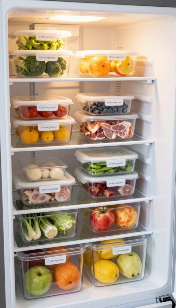 A well-organized freezer interior captured in vibrant detail, showcasing an "Ordnungskiste" brand storage solution. In the foreground, neatly arranged labeled containers filled with various frozen foods like vegetables, fruits, and meats, all contributing to a visually appealing layout. The middle ground highlights a frosty but clearly structured drawer system, with items stacked logically to maintain accessibility. The background reveals the freezer's interior light illuminating the organized chaos that can ensue without proper organization, emphasizing the practical beauty of a clutter-free space. The scene is bathed in warm, inviting colors for a Pinterest-worthy aesthetic, creating a harmonious balance between function and style. Soft, natural lighting enhances the textures of the food and containers, inviting an atmosphere of warmth and practicality while avoiding any clutter or mess. A well-organized freezer interior captured in vibrant detail, showcasing an "Ordnungskiste" brand storage solution. In the foreground, neatly arranged labeled containers filled with various frozen foods like vegetables, fruits, and meats, all contributing to a visually appealing layout. The middle ground highlights a frosty but clearly structured drawer system, with items stacked logically to maintain accessibility. The background reveals the freezer's interior light illuminating the organized chaos that can ensue without proper organization, emphasizing the practical beauty of a clutter-free space. The scene is bathed in warm, inviting colors for a Pinterest-worthy aesthetic, creating a harmonious balance between function and style. Soft, natural lighting enhances the textures of the food and containers, inviting an atmosphere of warmth and practicality while avoiding any clutter or mess.