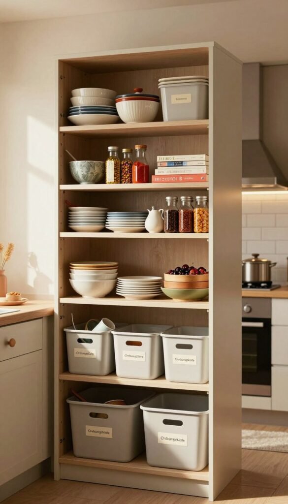A well-organized, high kitchen cabinet filled with various kitchen items, showcasing a blend of functionality and chaos. The foreground features neatly arranged storage bins labeled "Ordnungskiste", while the middle reveals shelves filled with mismatched dishes, colorful spices, and cookbooks, all slightly cluttered to evoke a sense of disarray. The background includes a warm, inviting kitchen space with soft natural lighting filtering through a window, casting gentle shadows. The atmosphere is cozy yet underlines the chaos of a high cabinet, with a Pinterest-inspired aesthetic that emphasizes natural colors and textures. The image should evoke a feeling of both potential and overwhelm, capturing the duality of high kitchen storage.