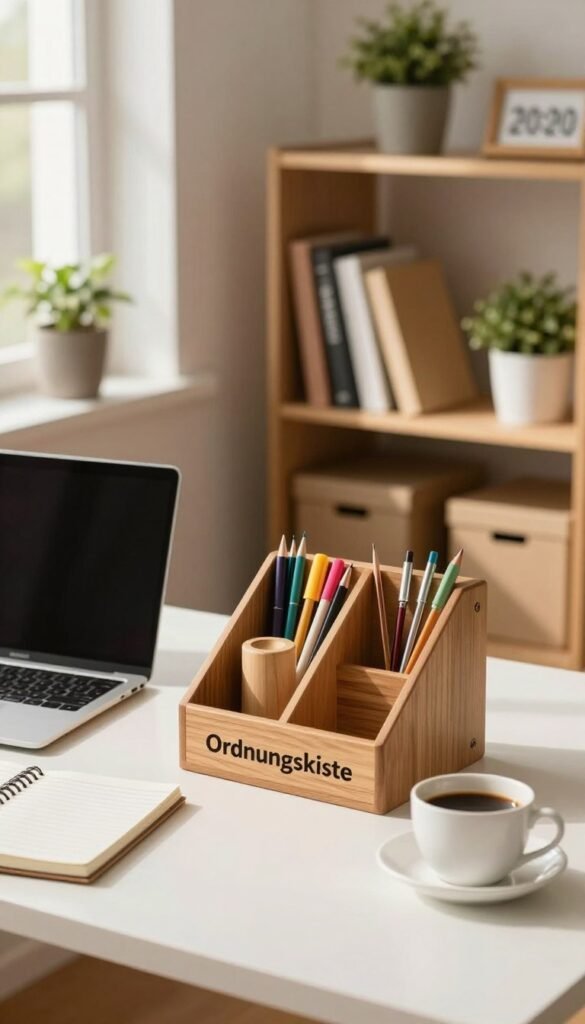 A well-organized home office workspace featuring a clean desk with a laptop, notebooks, and a cup of coffee. In the foreground, display an elegant wooden organizer labeled "Ordnungskiste," filled with colorful stationery. The middle ground showcases a neatly arranged bookshelf with boxes and plants, casting soft shadows. The background reveals a window with natural light streaming in, illuminating the warm tones of the decor. Use a warm color palette to create a cozy, inviting atmosphere, evoking a sense of productivity and calm. Capture the scene from a slightly elevated angle to emphasize the structured layout without any text or branding. The overall mood should reflect professionalism and harmony in a minimalist design.