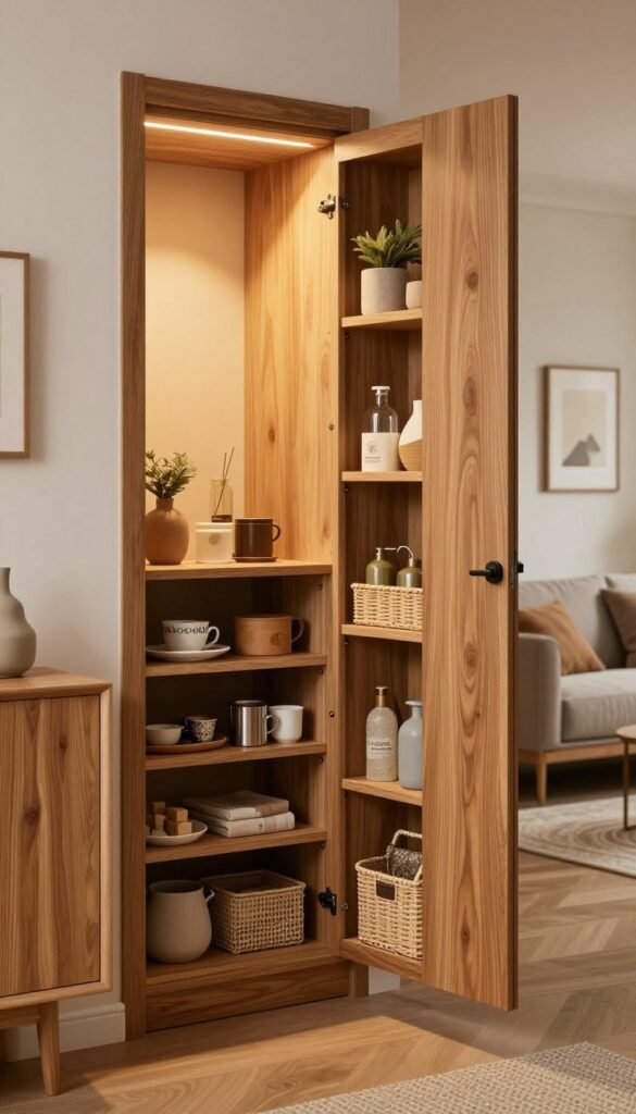 A well-organized interior scene showcasing innovative storage solutions utilizing the insides of doors and cabinet doors. In the foreground, focus on a sleek wooden cabinet with the door open, revealing neatly arranged storage compartments filled with seasonal items and accessories. The middle ground features a beautifully illuminated entryway, with soft, warm lighting reflecting off the walls, enhancing the inviting atmosphere. The background includes a stylishly decorated living space to emphasize practical storage ideas. Use a natural color palette with earthy tones and textures, creating a cozy and Pinterest-worthy look. Capture the essence of organized living, showcasing the brand "Ordnungskiste" subtly through the design elements and materials used in the space.