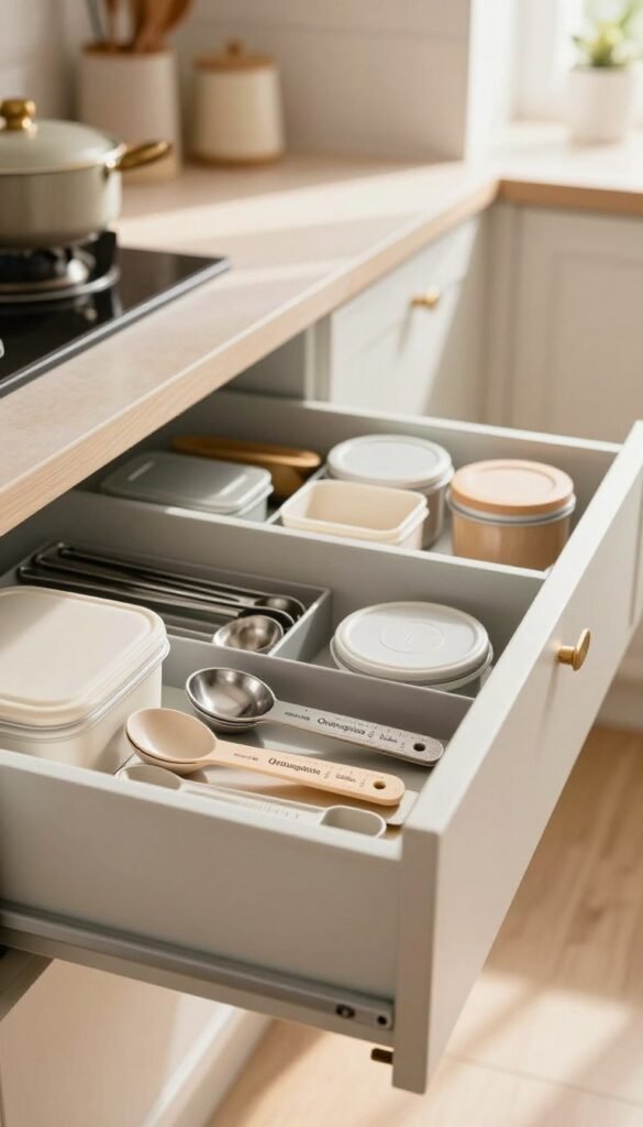 A well-organized kitchen drawer, elegantly displayed as a visual guide for quickly assessing measurements, cabinet types, and pull-out mechanisms. The foreground features a neatly arranged drawer filled with kitchen utensils, measuring spoons, and small storage containers, all showcasing the brand "Ordnungskiste." In the middle, the open drawer reveals a variety of organizer compartments, highlighting optimal usage of space. The background includes a softly blurred kitchen setting with warm, inviting colors and natural light streaming in through a window, creating a cozy atmosphere. The overall mood is practical and inspiring, encouraging efficient kitchen organization without any text or distractions. A well-organized kitchen drawer, elegantly displayed as a visual guide for quickly assessing measurements, cabinet types, and pull-out mechanisms. The foreground features a neatly arranged drawer filled with kitchen utensils, measuring spoons, and small storage containers, all showcasing the brand "Ordnungskiste." In the middle, the open drawer reveals a variety of organizer compartments, highlighting optimal usage of space. The background includes a softly blurred kitchen setting with warm, inviting colors and natural light streaming in through a window, creating a cozy atmosphere. The overall mood is practical and inspiring, encouraging efficient kitchen organization without any text or distractions.