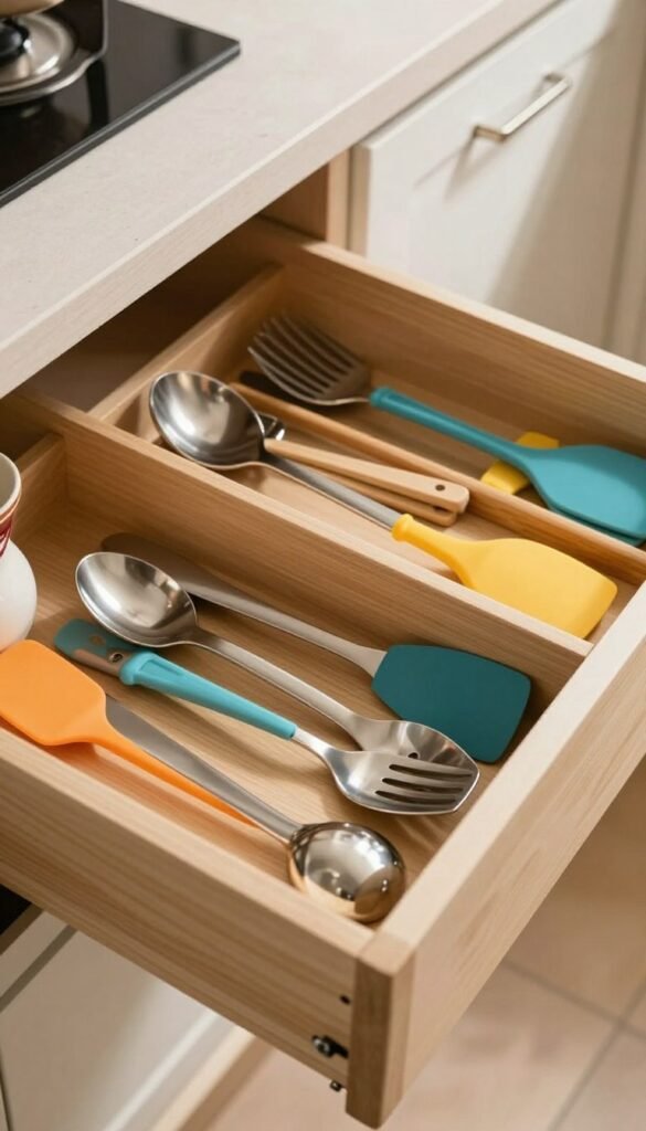 A well-organized kitchen drawer insert, showcasing a variety of compartments for utensils, cutlery, and kitchen tools. The foreground highlights a wooden drawer with a modern, minimalistic design, filled with neatly arranged stainless steel utensils and silicone spatulas in vibrant colors. The middle layer features the drawer's unique layout, emphasizing the practicality of size and materials used, including bamboo and eco-friendly plastic. In the background, a softly lit kitchen environment with warm hues and natural light filtering in, enhancing a cozy and inviting atmosphere. Capture this scene from a top-down angle, with a shallow depth of field to focus on the drawer insert while softly blurring the kitchen surroundings. The overall mood should convey orderliness and functionality, fitting seamlessly into contemporary home aesthetics.