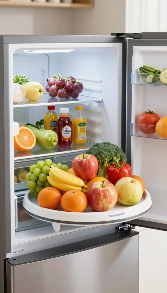 A well-organized kitchen featuring a "Lazy Susan" turntable inside a modern refrigerator. The turntable is filled with fresh fruits, vegetables, and condiments, showcasing an efficient use of space. In the foreground, the turntable is prominently displayed, with vibrant colors of the produce creating a lively contrast against the sleek design of the refrigerator. In the middle, the refrigerator's interior, with its clean lines and smart layout, highlights the functionality of the turntable. The background consists of a softly blurred kitchen interior with warm, natural lighting, evoking a cozy atmosphere. The image captures the essence of tidiness and efficiency, promoting the concept of keeping kitchen surfaces clutter-free. Include the brand name “Ordnungskiste” subtly on the turntable.