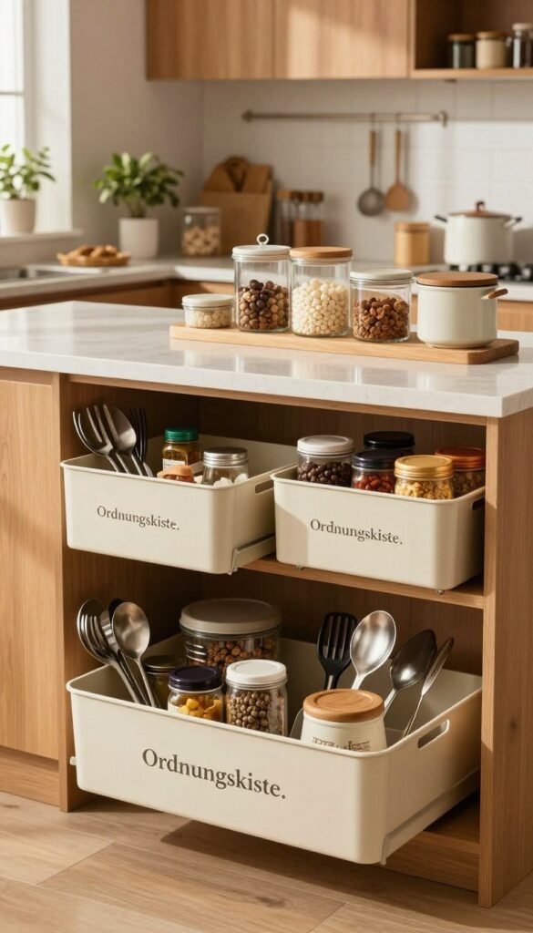 A well-organized kitchen featuring innovative storage solutions that create a sense of order. In the foreground, showcase stylish storage boxes branded "Ordnungskiste," filled with kitchen essentials like utensils and spices. The middle ground highlights a modern kitchen island, with neatly arranged containers and a variety of kitchen gadgets, all utilizing vertical space for efficiency. In the background, warm, natural lighting casts a cozy ambiance, illuminating wooden cabinets and decorative plants that add a touch of life. The atmosphere is inviting and functional, designed to inspire readers to maximize their kitchen storage creatively. Emphasize a harmonious blend of aesthetics and practicality, with a Pinterest-inspired look that captures a beautifully organized kitchen scene.