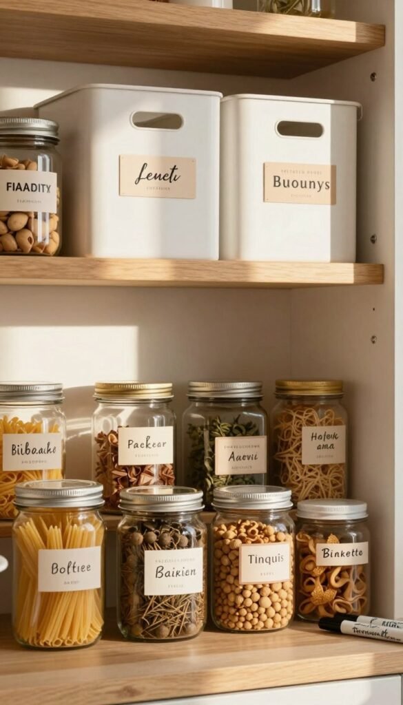 A well-organized kitchen pantry showcasing various beautifully crafted labels and markers. In the foreground, there are jars and containers labeled with stylish, artistic etiketten, displaying contents like pasta, spices, and snacks. The middle ground features a wooden shelf with neatly arranged storage bins, each labeled in a different, elegant font. The background reveals warm, natural lighting filtering through a nearby window, casting soft shadows that create a cozy atmosphere. The overall scene is bright and inviting, with a Pinterest-inspired aesthetic, featuring earthy tones and textures. Incorporate subtle details like a handwritten marker in the corner, emphasizing the DIY aspect of labeling. Capture a feeling of inspiration and practicality, encouraging viewers to organize their spaces thoughtfully. A well-organized kitchen pantry showcasing various beautifully crafted labels and markers. In the foreground, there are jars and containers labeled with stylish, artistic etiketten, displaying contents like pasta, spices, and snacks. The middle ground features a wooden shelf with neatly arranged storage bins, each labeled in a different, elegant font. The background reveals warm, natural lighting filtering through a nearby window, casting soft shadows that create a cozy atmosphere. The overall scene is bright and inviting, with a Pinterest-inspired aesthetic, featuring earthy tones and textures. Incorporate subtle details like a handwritten marker in the corner, emphasizing the DIY aspect of labeling. Capture a feeling of inspiration and practicality, encouraging viewers to organize their spaces thoughtfully.