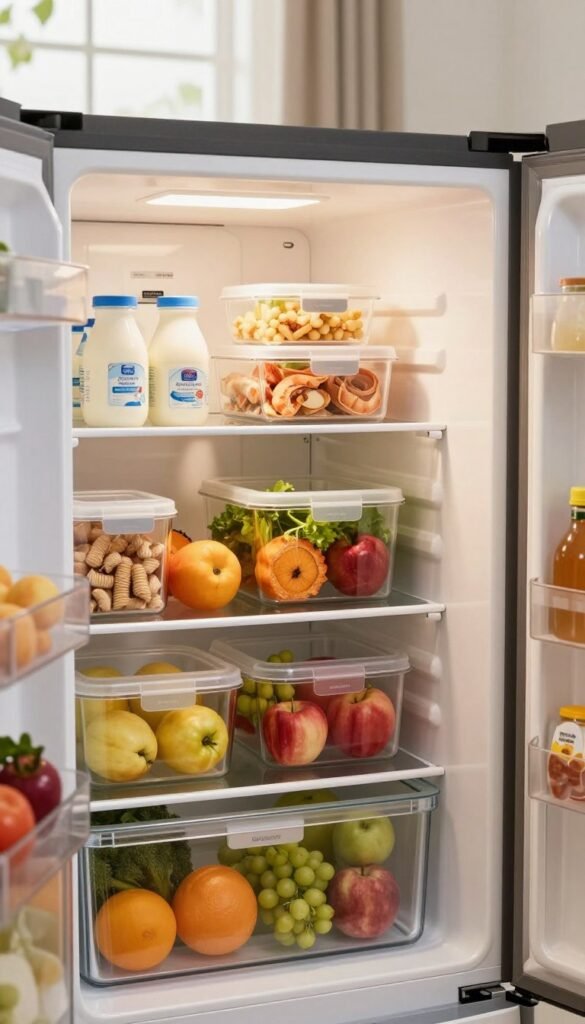 A well-organized kitchen refrigerator featuring the brand "Ordnungskiste" prominently displayed on storage containers. In the foreground, a clear view of neatly arranged, colorful fruits and vegetables, providing a vibrant splash of color. The middle section showcases glass shelves containing labeled storage boxes, maximizing space and functionality, with some shelves featuring dairy products and snacks in an inviting layout. The background displays a softly lit kitchen ambiance with warm, natural light streaming through a nearby window, casting gentle shadows. A subtle depth of field focuses on the fridge’s interior while keeping the setting cozy and homey, embodying a mood of freshness and organization.