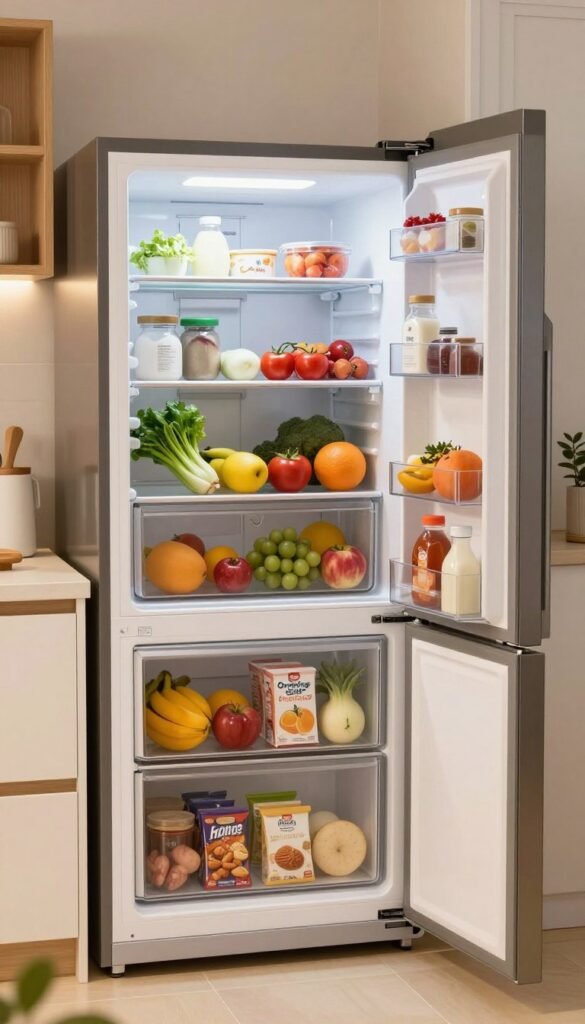 A well-organized kitchen scene featuring a spacious, modern refrigerator prominently displaying a variety of fresh food items, including fruits, vegetables, and dairy, demonstrating effective storage solutions. In the foreground, a stylish "Ordnungskiste" storage box neatly contains snacks, highlighting effective organization. The middle ground includes the refrigerator, emphasizing its size and sleek design, with metallic materials and an appealing color palette. In the background, soft kitchen lighting creates a warm, inviting atmosphere, complemented by natural wood and ceramic elements. Use a shallow depth of field to focus on the refrigerator while subtly blurring the kitchen setting, capturing a Pinterest-worthy aesthetic of home organization and freshness.