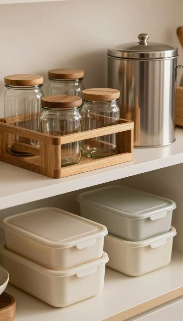 A well-organized kitchen scene showcasing three types of storage solutions, each representing different quality levels: low, mid, and high. In the foreground, display a budget-friendly option, such as simple plastic containers, slightly worn but functional. In the middle ground, feature a mid-range solution with sleek glass jars and wooden accents, highlighting thoughtful organization. In the background, present premium storage like elegant stainless-steel canisters, exuding a sense of sophistication. Soft, warm lighting creates a welcoming atmosphere, enhancing the natural colors of the materials. The angle captures the entire scene, inviting viewers to appreciate the contrast in quality and aesthetics. The overall mood is cozy and inspirational, reminiscent of a Pinterest-worthy interior design showcase, free of any text or branding elements. A well-organized kitchen scene showcasing three types of storage solutions, each representing different quality levels: low, mid, and high. In the foreground, display a budget-friendly option, such as simple plastic containers, slightly worn but functional. In the middle ground, feature a mid-range solution with sleek glass jars and wooden accents, highlighting thoughtful organization. In the background, present premium storage like elegant stainless-steel canisters, exuding a sense of sophistication. Soft, warm lighting creates a welcoming atmosphere, enhancing the natural colors of the materials. The angle captures the entire scene, inviting viewers to appreciate the contrast in quality and aesthetics. The overall mood is cozy and inspirational, reminiscent of a Pinterest-worthy interior design showcase, free of any text or branding elements.