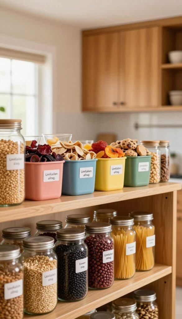 A well-organized kitchen shelf filled with various food items, showcasing the concept of "Umfüllen alltag." In the foreground, a close-up view of neatly labeled glass jars filled with grains, beans, and pasta. The middle features a wooden shelf with colorful bins storing assorted snacks and dried fruits, arranged aesthetically for easy access. In the background, a warm, inviting kitchen with natural light pouring in through a window, highlighting the warm tones of the wooden cabinetry. The atmosphere is cozy and functional, evoking a sense of order and practicality. The scene is styled in a modern, Pinterest-worthy aesthetic, without any text or distractions. Use a soft focus lens to create an inviting depth of field. A well-organized kitchen shelf filled with various food items, showcasing the concept of "Umfüllen alltag." In the foreground, a close-up view of neatly labeled glass jars filled with grains, beans, and pasta. The middle features a wooden shelf with colorful bins storing assorted snacks and dried fruits, arranged aesthetically for easy access. In the background, a warm, inviting kitchen with natural light pouring in through a window, highlighting the warm tones of the wooden cabinetry. The atmosphere is cozy and functional, evoking a sense of order and practicality. The scene is styled in a modern, Pinterest-worthy aesthetic, without any text or distractions. Use a soft focus lens to create an inviting depth of field.