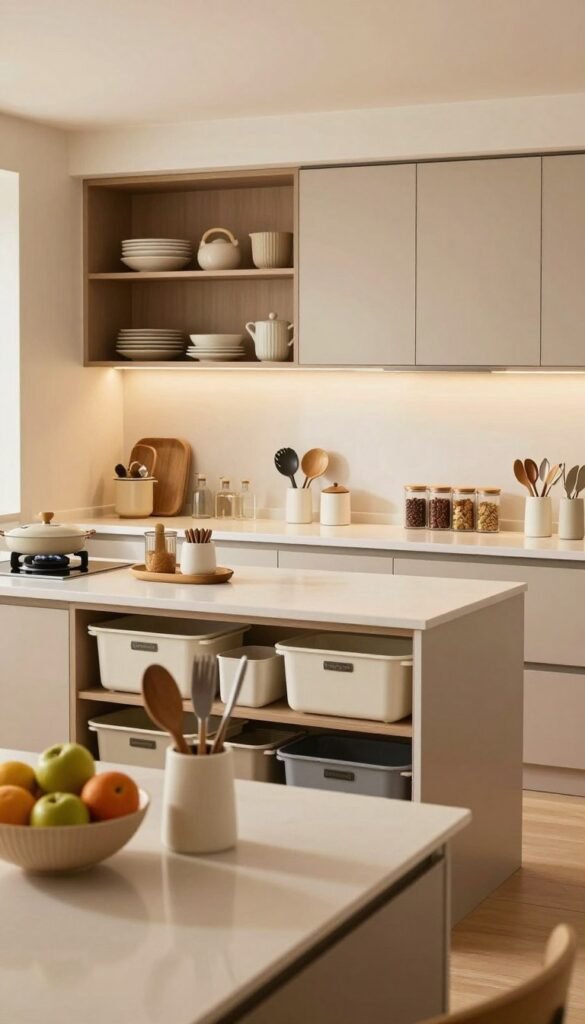 A well-organized kitchen showcasing the "zonen struktur" concept, with distinct areas for cooking, cleaning, and storage. The foreground features a neatly arranged countertop with a fruit bowl and stylish utensils in a holder. In the middle, a spacious kitchen island serves as the focal point, surrounded by neatly stored kitchen gadgets and spices in labeled containers. The background reveals cabinetry with a mix of open shelves displaying aesthetically pleasing dishes and closed storage for a clutter-free look. Soft, warm lighting casts a welcoming glow throughout the space, enhancing the inviting atmosphere. The image captures a serene, organized ambiance, reflecting the essence of an orderly kitchen environment inspired by Pinterest aesthetics.