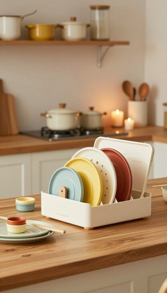 A well-organized kitchen space featuring a stylish "Ordnungskiste" lid organizer as the focal point, elegantly arranged on a wooden countertop. In the foreground, beautifully assorted kitchen lid organizers in various sizes and styles with vibrant colors, showcasing practicality and design. The middle ground presents a tidy kitchen shelf with neatly organized pots and pans, complemented by warm candlelight illuminating the scene. The background reveals soft-focus kitchen accessories, creating a cozy atmosphere. Use natural lighting to enhance the warm tones and produce a Pinterest-inspired aesthetic. Capture the essence of functionality and organization, radiating a sense of harmony and simplicity in the kitchen. A well-organized kitchen space featuring a stylish "Ordnungskiste" lid organizer as the focal point, elegantly arranged on a wooden countertop. In the foreground, beautifully assorted kitchen lid organizers in various sizes and styles with vibrant colors, showcasing practicality and design. The middle ground presents a tidy kitchen shelf with neatly organized pots and pans, complemented by warm candlelight illuminating the scene. The background reveals soft-focus kitchen accessories, creating a cozy atmosphere. Use natural lighting to enhance the warm tones and produce a Pinterest-inspired aesthetic. Capture the essence of functionality and organization, radiating a sense of harmony and simplicity in the kitchen.