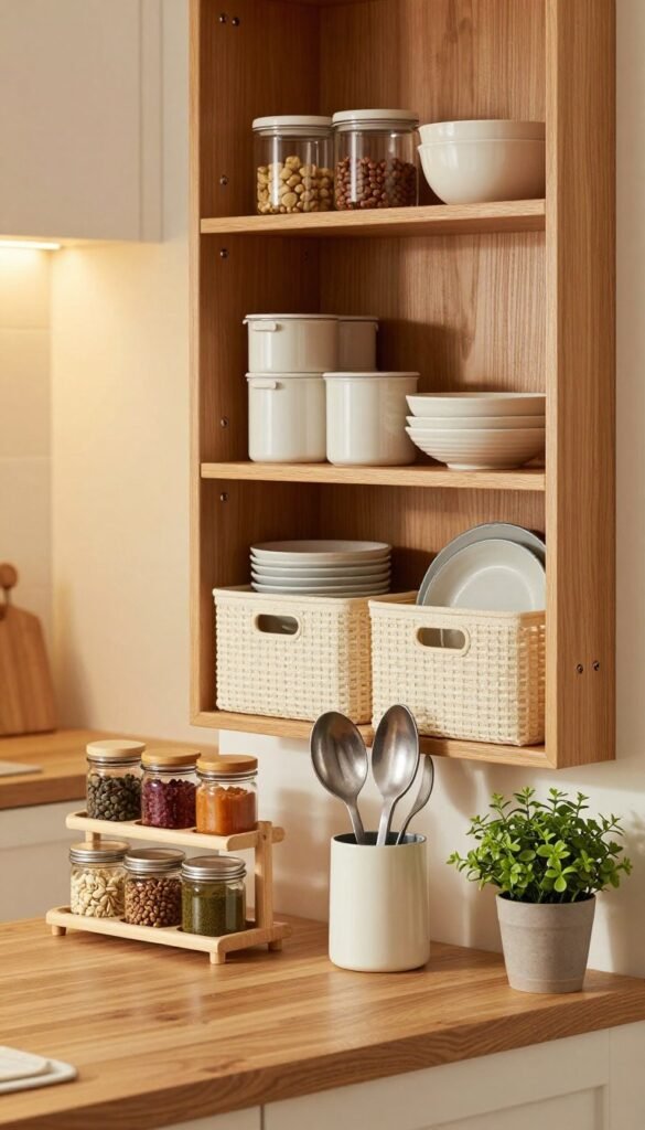 A well-organized kitchen space showcasing a variety of stylish kitchen organizers. In the foreground, a wooden countertop features a tiered spice rack with colorful jars, a utensil holder with sleek cooking tools, and a small potted herb plant. In the middle, a neatly arranged open cabinet displays stackable containers and decorative storage baskets, with a few bowls and plates for contrast. The background features a warm-toned kitchen with soft lighting, highlighting the textures of natural wood and metal accents. The overall atmosphere is cozy and inviting, reflecting a practical yet aesthetically pleasing kitchen design ideal for small spaces. The image should have a Pinterest-inspired look, emphasizing warm colors and authenticity, with no text or signatures included.