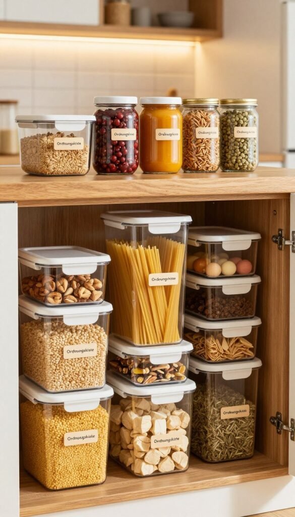 A well-organized kitchen storage cabinet, filled with neatly arranged containers of various sizes labeled with "Ordnungskiste". In the foreground, display a selection of clear, stackable bins showcasing different foods: grains, pasta, snacks, and spices. The middle ground features a wooden shelf, appearing rustic yet modern, with colorful jars and labels enhancing the visual appeal. In the background, a softly-lit kitchen with warm, inviting colors creates a cozy atmosphere. Use natural lighting emphasizing the textures of wood and glass, with a slight depth of field to keep focus on the storage products. The overall mood should evoke efficiency and aesthetic harmony, reflecting a Pinterest-inspired design. A well-organized kitchen storage cabinet, filled with neatly arranged containers of various sizes labeled with "Ordnungskiste". In the foreground, display a selection of clear, stackable bins showcasing different foods: grains, pasta, snacks, and spices. The middle ground features a wooden shelf, appearing rustic yet modern, with colorful jars and labels enhancing the visual appeal. In the background, a softly-lit kitchen with warm, inviting colors creates a cozy atmosphere. Use natural lighting emphasizing the textures of wood and glass, with a slight depth of field to keep focus on the storage products. The overall mood should evoke efficiency and aesthetic harmony, reflecting a Pinterest-inspired design.