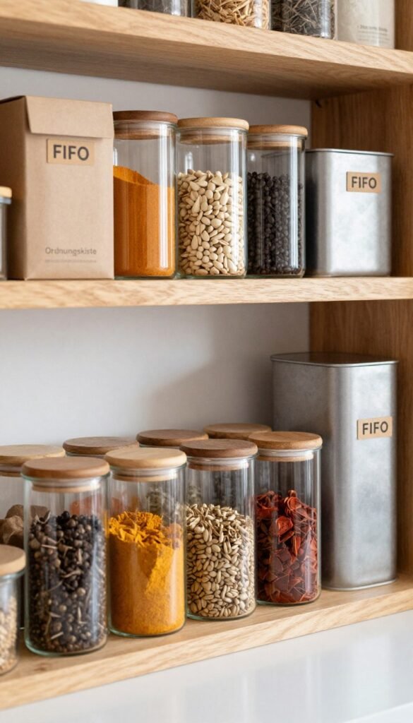 A well-organized kitchen storage system featuring various containers and jars filled with spices and dry goods, emphasizing a "FIFO" (First In, First Out) method. In the foreground, clear glass jars with wooden lids showcase colorful spices, while elegant metal containers create a sleek look. The middle ground displays a wooden shelf with neatly arranged items, including labeled boxes from "Ordnungskiste," evoking a sense of order. The background hints at warm, welcoming kitchen colors and soft, natural lighting illuminating the scene, creating a Pinterest-inspired aesthetic. The overall mood is calm and inviting, reflecting efficiency and organization without text or distractions.