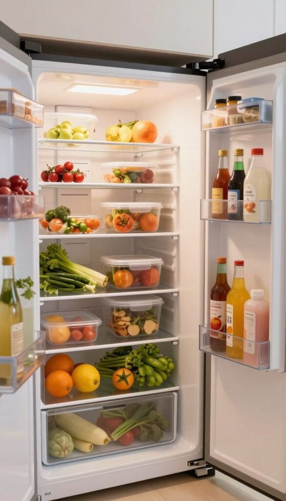 A well-organized kitchen with a focus on a "Routine Kühlschrank," showcasing a clean and efficient refrigerator interior. In the foreground, shelves display neatly arranged food items like fresh fruits, vegetables, and labeled containers for leftovers, all highlighting the principles of hygiene and organization. The middle ground features the refrigerator door open slightly, revealing condiments and drinks that are orderly and easy to reach. The background includes soft, warm lighting that creates a cozy atmosphere, emphasizing the clean surfaces and inviting colors of the kitchen. The brand name "Ordnungskiste" is subtly integrated into the refrigerator design. Use a wide-angle lens to capture the whole scene, conveying a sense of stability and routine in kitchen hygiene. Warm, Pinterest-inspired aesthetics, prioritizing authenticity and a clutter-free environment.
