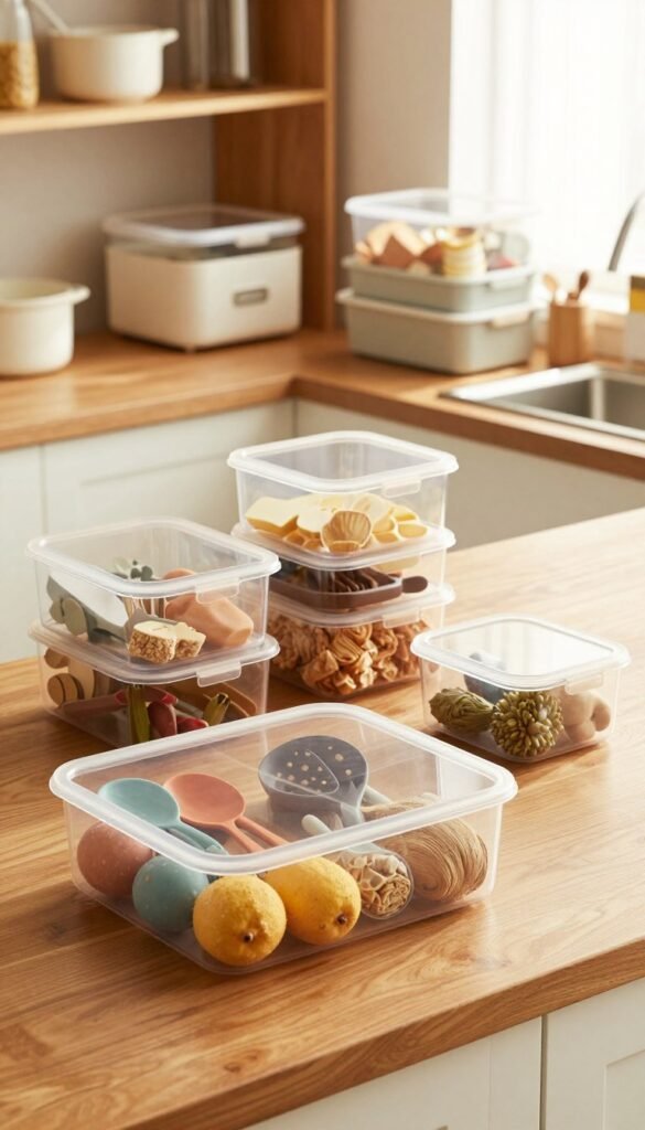 A well-organized kitchen with a variety of stackable storage boxes showcased on a sleek wooden counter. In the foreground, a stylish transparent storage box filled with colorful kitchen utensils and ingredients, with a focus on its modular design. In the middle, a neat arrangement of similar boxes, varying in size, demonstrates versatility and efficient space usage. The background features an open shelf filled with neatly stacked boxes of different shapes, enhancing the theme of organization. Soft, warm lighting streams in from a nearby window, creating an inviting atmosphere. Shot from a slightly elevated angle to emphasize the layout and depth, with a Pinterest-inspired aesthetic that highlights authenticity and practicality. A well-organized kitchen with a variety of stackable storage boxes showcased on a sleek wooden counter. In the foreground, a stylish transparent storage box filled with colorful kitchen utensils and ingredients, with a focus on its modular design. In the middle, a neat arrangement of similar boxes, varying in size, demonstrates versatility and efficient space usage. The background features an open shelf filled with neatly stacked boxes of different shapes, enhancing the theme of organization. Soft, warm lighting streams in from a nearby window, creating an inviting atmosphere. Shot from a slightly elevated angle to emphasize the layout and depth, with a Pinterest-inspired aesthetic that highlights authenticity and practicality.